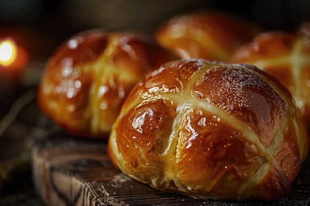 Hausgemachte heiße Kreuzbrötchen, die mit Zucker gewaschen werden