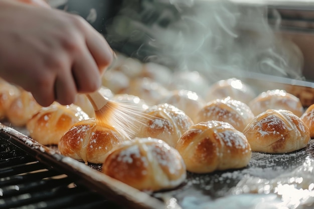 Hausgemachte heiße Kreuzbrötchen, die mit Zucker gewaschen werden