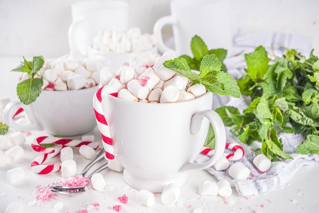 Hausgemachte heiße Pfefferminzschokolade mit Minze, Marshmallow und Zuckerstange