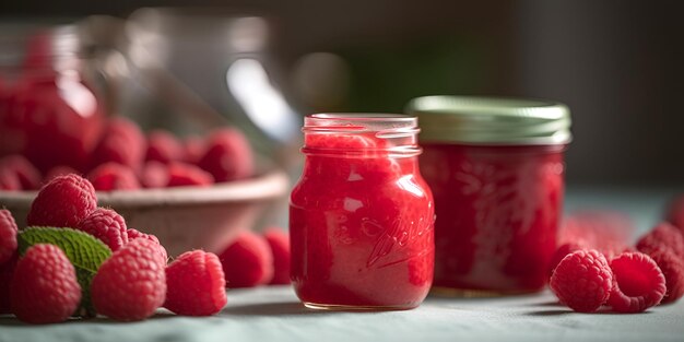 Hausgemachte Himbeerkonfitüre oder Marmelade in einem Glas, umgeben von frischen, von der KI erzeugten Himbeeren