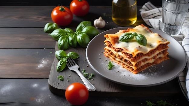 Hausgemachte italienische Lasagne mit Rindfleisch, Tomatenpasta, Basilikum, Knoblauch und Käse
