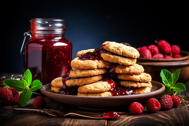 Hausgemachte Kekse mit Marmelade in Nahaufnahme, dunkler Hintergrund
