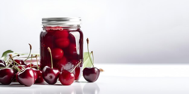 Hausgemachte Kirschkonfitüre oder Marmelade im Glas, umgeben von frischen Kirschen