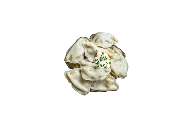 Hausgemachte Knödel Vareniki Pierogi gefüllt mit Kartoffeln in einer Pfanne, hochwertiger isolierter weißer Hintergrund