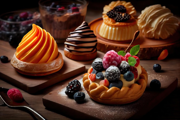 Hausgemachte köstliche Desserts in Form von Gebäck auf dem Tisch in der Konditorei