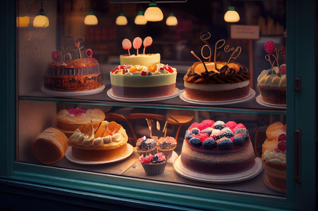 Hausgemachte Kuchen und Gebäck im Konditoreifenster