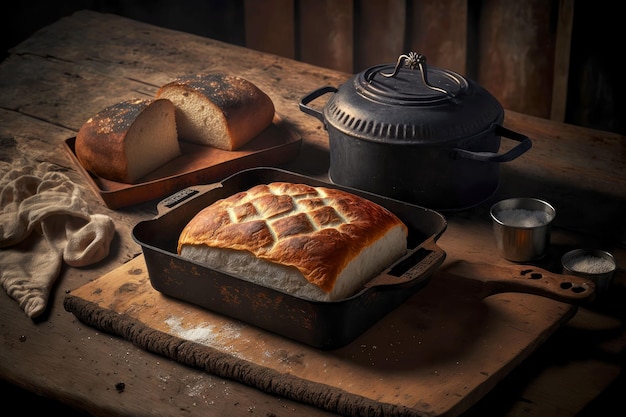 Hausgemachte Küche in gusseiserner Bratpfanne hausgemachtes Brot auf dem Tisch