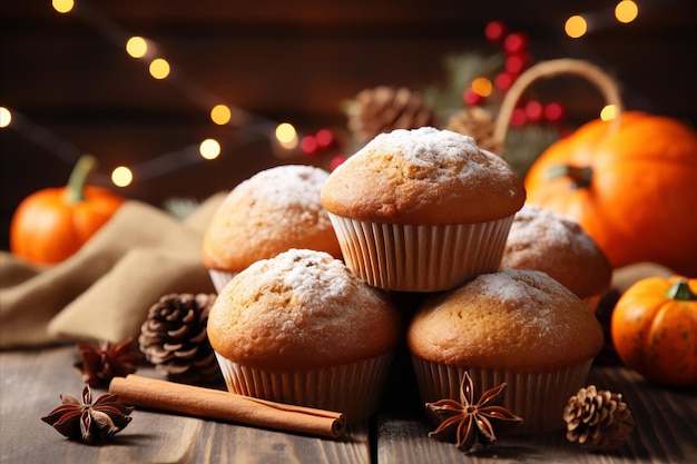 Foto hausgemachte kürbis-spice-muffins-dessert in der küche mit verschwommenem hintergrund und kopierraum