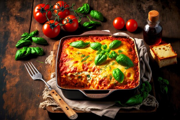 Hausgemachte Lasagne in saftiger Tomatensauce mit Käse und Kräutern