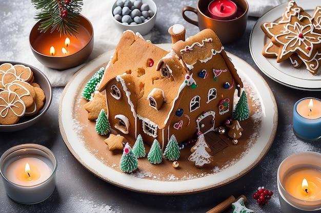 Foto hausgemachte lebkuchen, kerzen und weihnachtsbaum