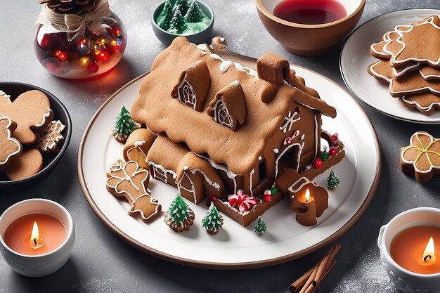 Foto hausgemachte lebkuchen, kerzen und weihnachtsbaum