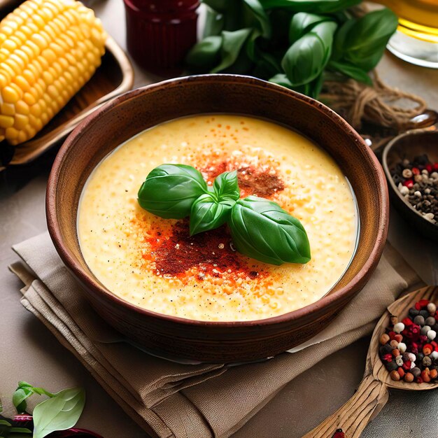 Hausgemachte Maiscremesuppe mit Gewürzen und Basilikum in einer Schüssel auf dem Tisch, vertikale Ansicht