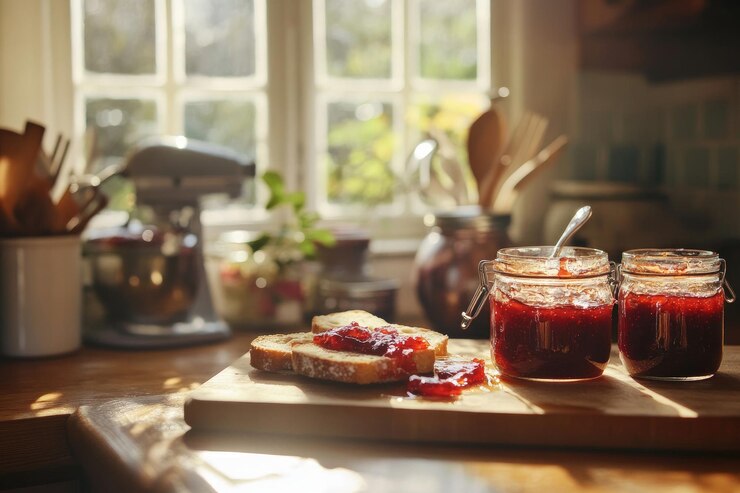 Hausgemachte Marmelade, die auf Toast verteilt wird, mit Gläsern mit Konserven auf der Küchenplatte, die das Sonnenlicht filtern