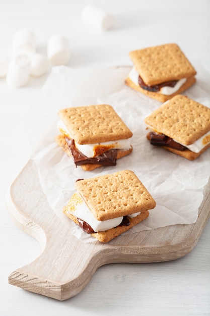 Hausgemachte Marshmallow s'mores mit Schokolade auf Crackern