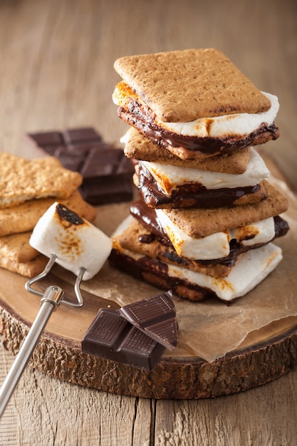 Hausgemachte Marshmallow s'mores mit Schokolade auf Crackern