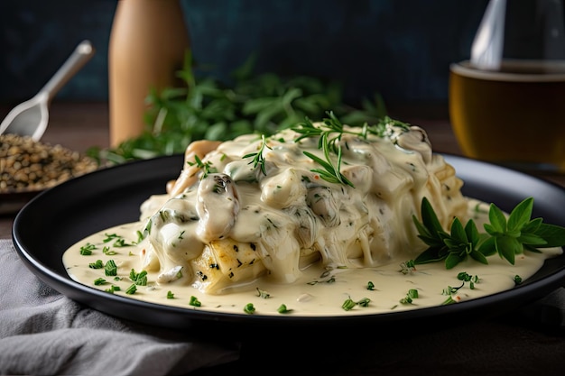 Hausgemachte Paste mit cremiger Sauce und frischen Kräutern, kreiert mit generativer KI