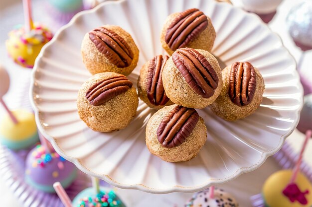 Hausgemachte Pecan-Schokoladentrüffeln oder Cake Pops süße Leckerei auf einem Teller