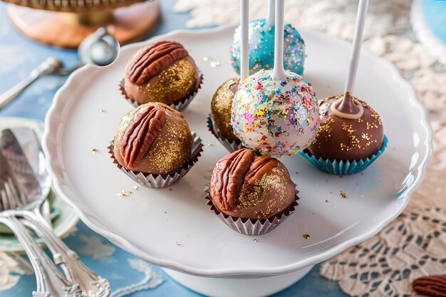 Hausgemachte Pecan-Schokoladentrüffeln oder Cake Pops süße Leckerei auf einem Teller