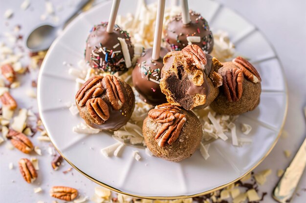 Hausgemachte Pecan-Schokoladentrüffeln oder Cake Pops süße Leckerei auf einem Teller