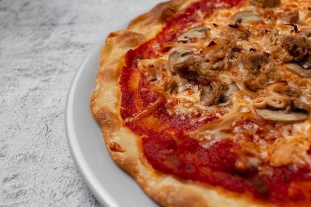 Hausgemachte Pizza mit Tomaten-Käse-Pilzen Thunfisch-Gemüse-Schinken und frischen Kräutern mit Kopienraum