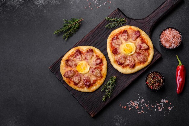 Hausgemachte Pizza mit Würstchen, Tomaten, Käse, Gewürzen und Kräutern auf einem Holzschneidebrett