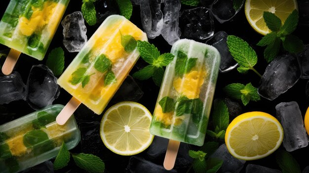 Hausgemachte Popsicles mit frischen Zitronen auf farbigem Hintergrund Generative KI