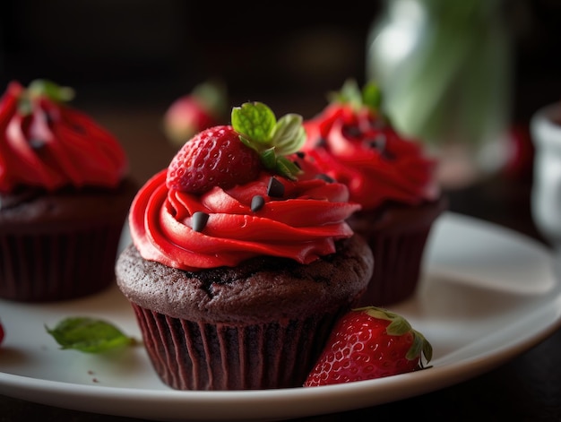 Hausgemachte rosa süße Cupcakes Erdbeeren Generative KI