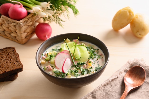 Hausgemachte russische kalte Okroschka-Suppe mit Kefir