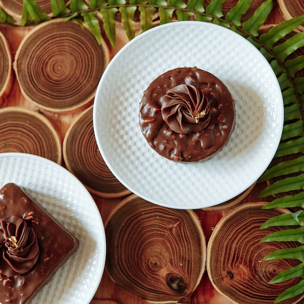 Hausgemachte Schokoladensnacks mit Nüssen. Dessert mit Nüssen und Nougat, bedeckt mit Schokolade und zerquetschter Schokoladenblume auf einem Holztisch aus Riegeln. Grüne Farnblätter.