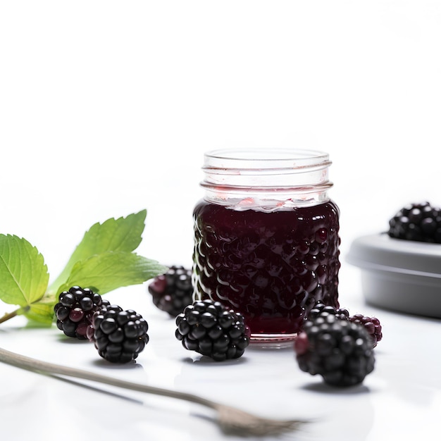 Hausgemachte Schwarzbeerkonserven oder Marmelade in einem Glaskrug, umgeben von frischen Beeren