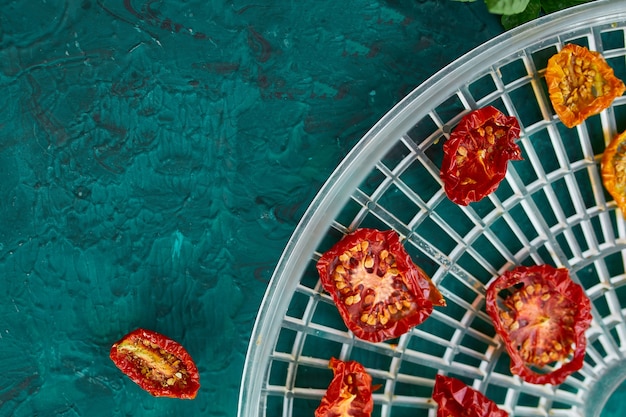 Hausgemachte sonnengetrocknete Tomaten mit Kräutern, auf dem Sieb vom Trockner auf dem grünen Hintergrund. Draufsicht, Kopierraum, flache Lage