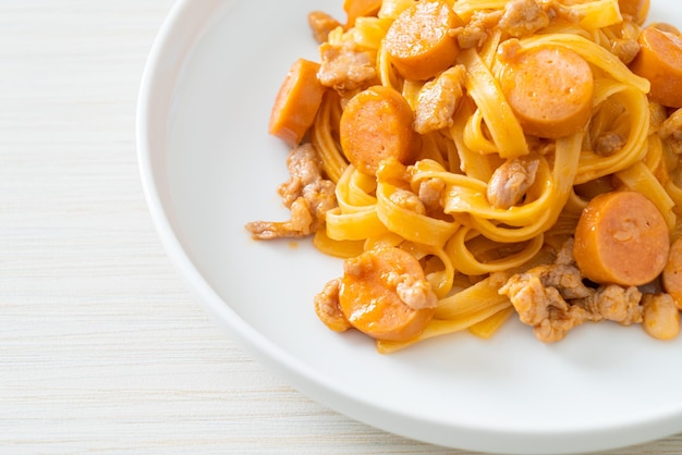 hausgemachte Spaghetti Nudelwurst und Hackfleisch