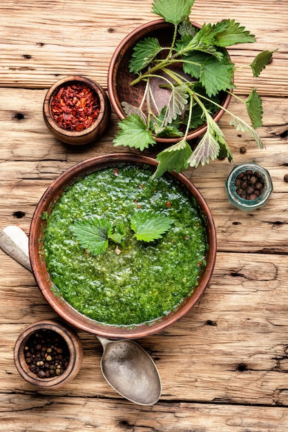 Hausgemachte Suppe aus Brennnesseln