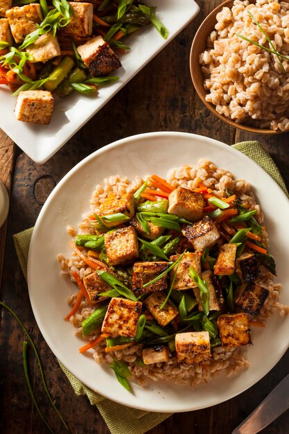 Hausgemachte Tofu-Rührfritze mit Gemüse und Reis