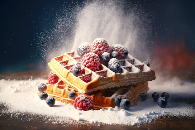 Hausgemachte üppige belgische Waffeln mit Himbeeren und Heidelbeeren in Puderzucker auf verschwommenem Hintergrund