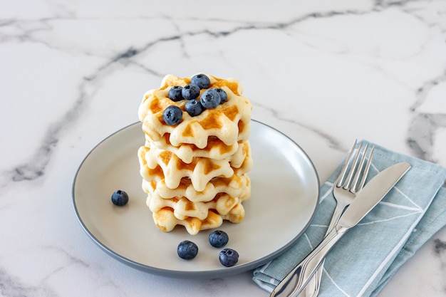 Hausgemachte Vanillewaffeln mit Zuckerpulver und frischen Blaubeeren auf einem Teller, perfektes Familienfrühstück.