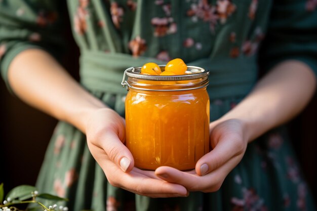 Hausgemachte vegane Aprikosenmarmelade in sanften Händen ein Glas purer Güte