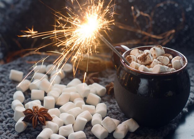 Hausgemachte würzige heiße Schokolade mit Marshmallow und Zimt auf dunklem Hintergrund