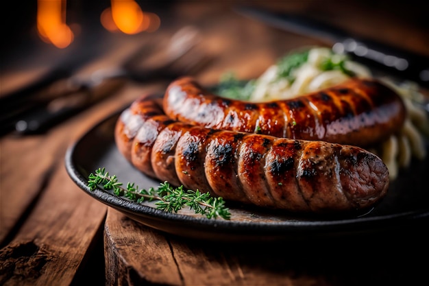 Hausgemachte Wurst gegrillt mit Kräutern auf rustikalem Holztisch AI generiert