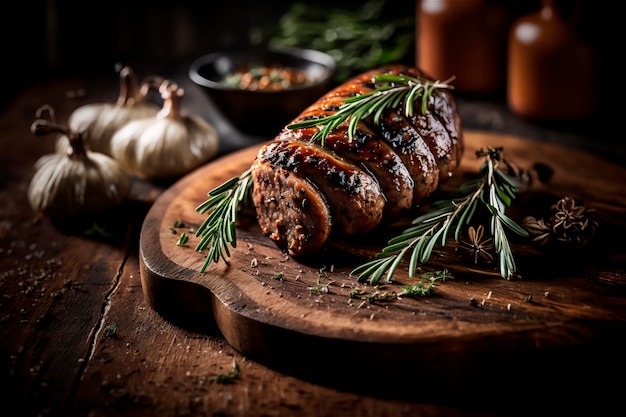 Hausgemachte Wurst gegrillt mit Kräutern auf rustikalem Holztisch AI generiert