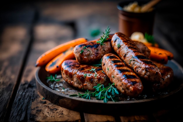 Hausgemachte Wurst gegrillt mit Kräutern auf rustikalem Holztisch AI generiert