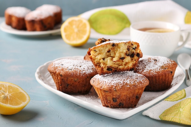 Hausgemachte Zitronenmuffins mit Schokolade auf weißem Teller auf blauer Oberfläche