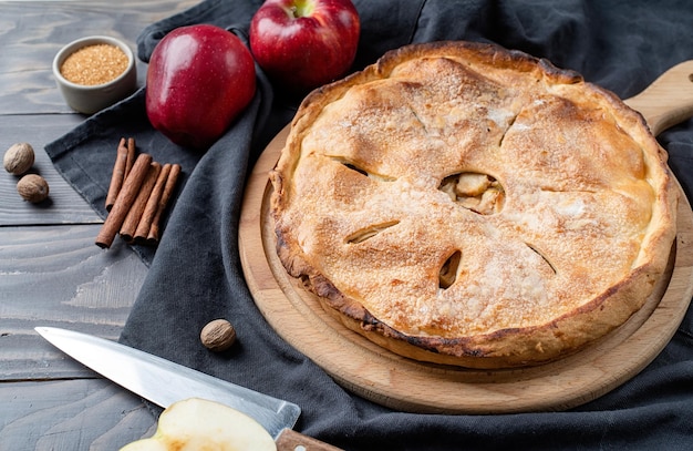 Hausgemachter Apfelkuchen mit frischen roten Äpfeln