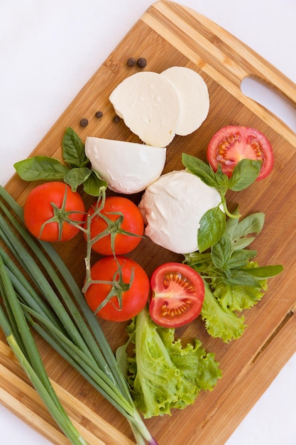 Hausgemachter Bio-Mozzarella-Käse mit Tomaten und Basilikum und Zwiebeln