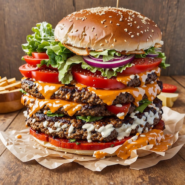 Hausgemachter Burger aus Rinderkäse und Gemüse auf einem alten Holztisch, der von der KI erzeugt wurde