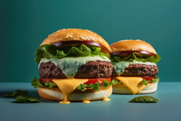 Hausgemachter Burger mit doppelten Beef-Patties, Käse und Salat Illustration AI Generative