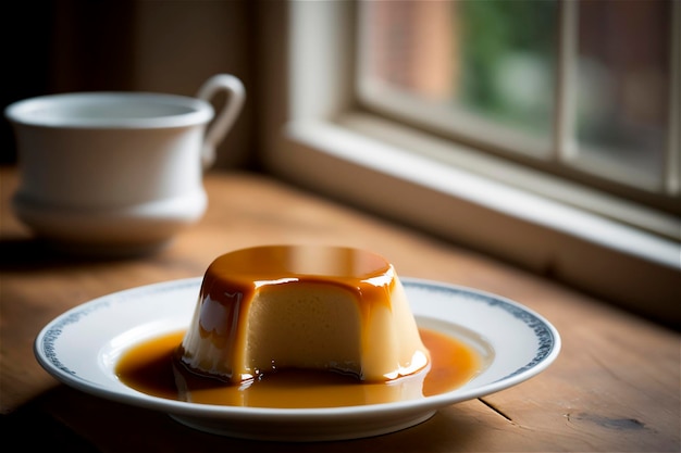 Hausgemachter cremiger Kondensmilchpudding mit Karamellsauce auf weißem Teller über rustikalem Holztisch AI generiert