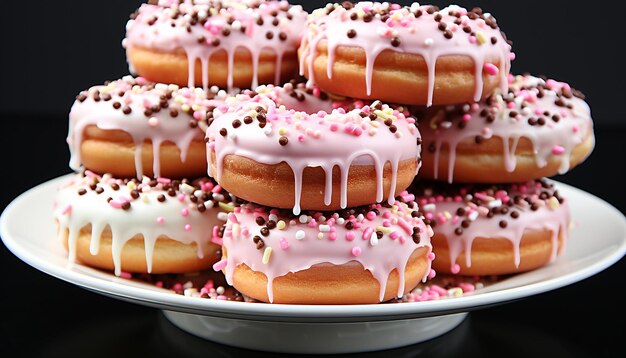 Foto hausgemachter donutstapel verlockende süße auf schwarzem hintergrund reine freude, erzeugt von ki