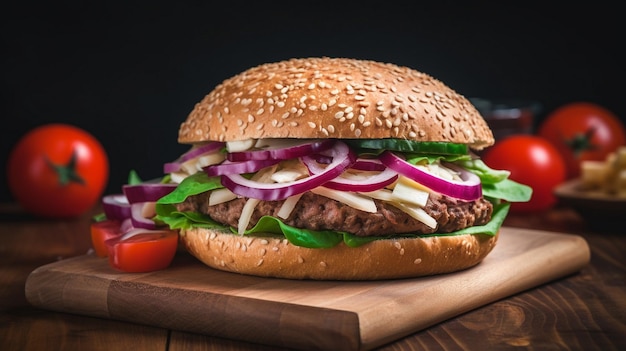 Hausgemachter Hamburger-Close-Up mit Rindfleisch-Tomatensalat