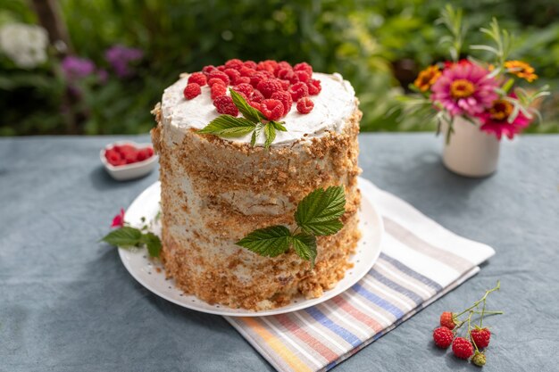 Hausgemachter Himbeerkuchen auf dem Tisch im Garten an einem sonnigen Sommermorgen